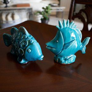 Pair of teal ceramic fish figurines